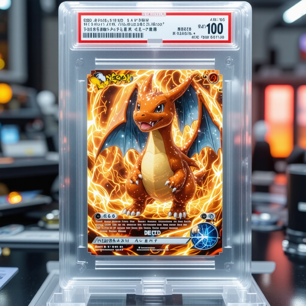 CGC Pristine 10 Japanese Charizard card in advanced climate-controlled display case with AI and blockchain verification graphics