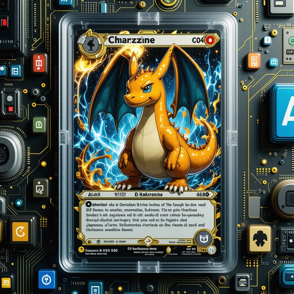 Close-up of CGC Pristine 10 Japanese Charizard card slab with forensic and blockchain authentication graphics