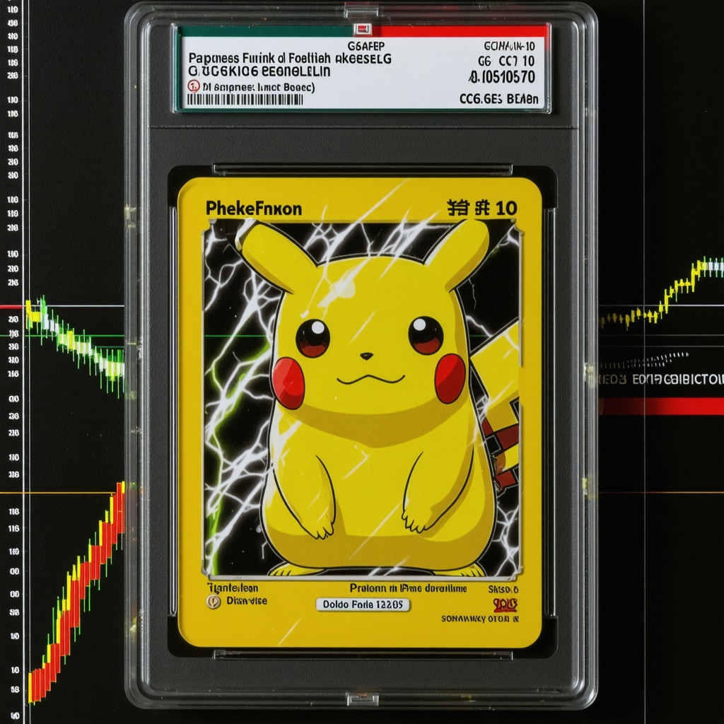 Magnified CGC 10 Japanese Pokémon card displaying holographic foil and print texture with data analytics graphics in background