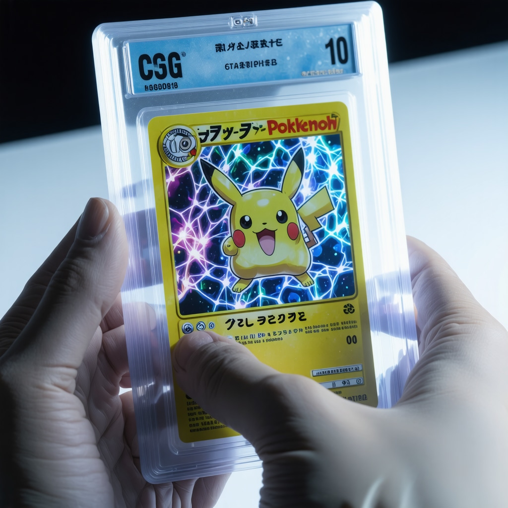 High-resolution close-up of a CGC 10 Japanese Pokémon promo card illuminated by UV light revealing holographic and print details