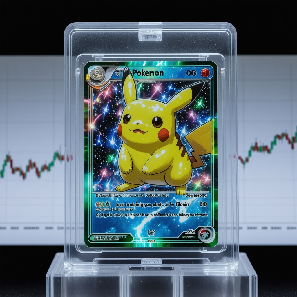 Detailed microscopic and UV light examination of a CGC Gem Mint 10 Japanese Pokémon card alongside market trend graphs
