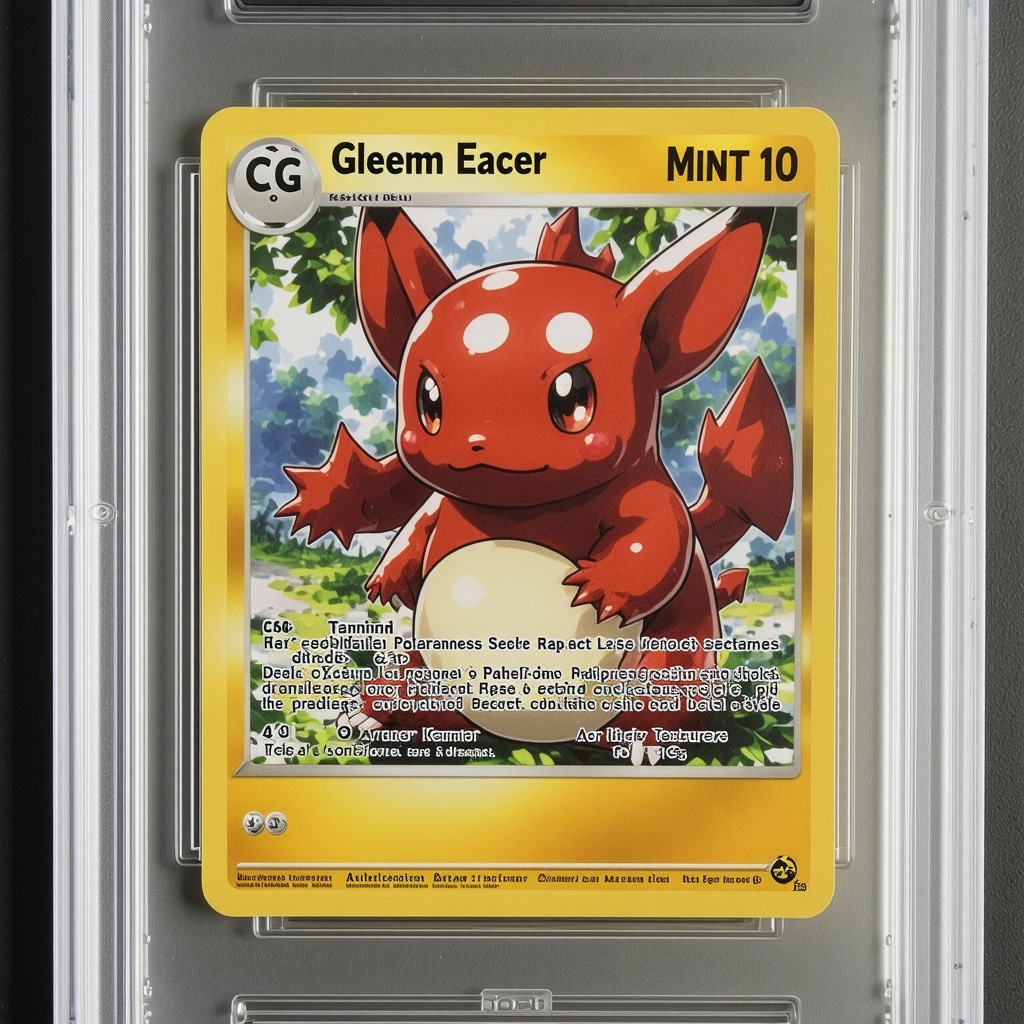 Magnified view of a CGC Gem Mint 10 Japanese Trainer Secret Rare Pokémon card highlighting holographic and surface details