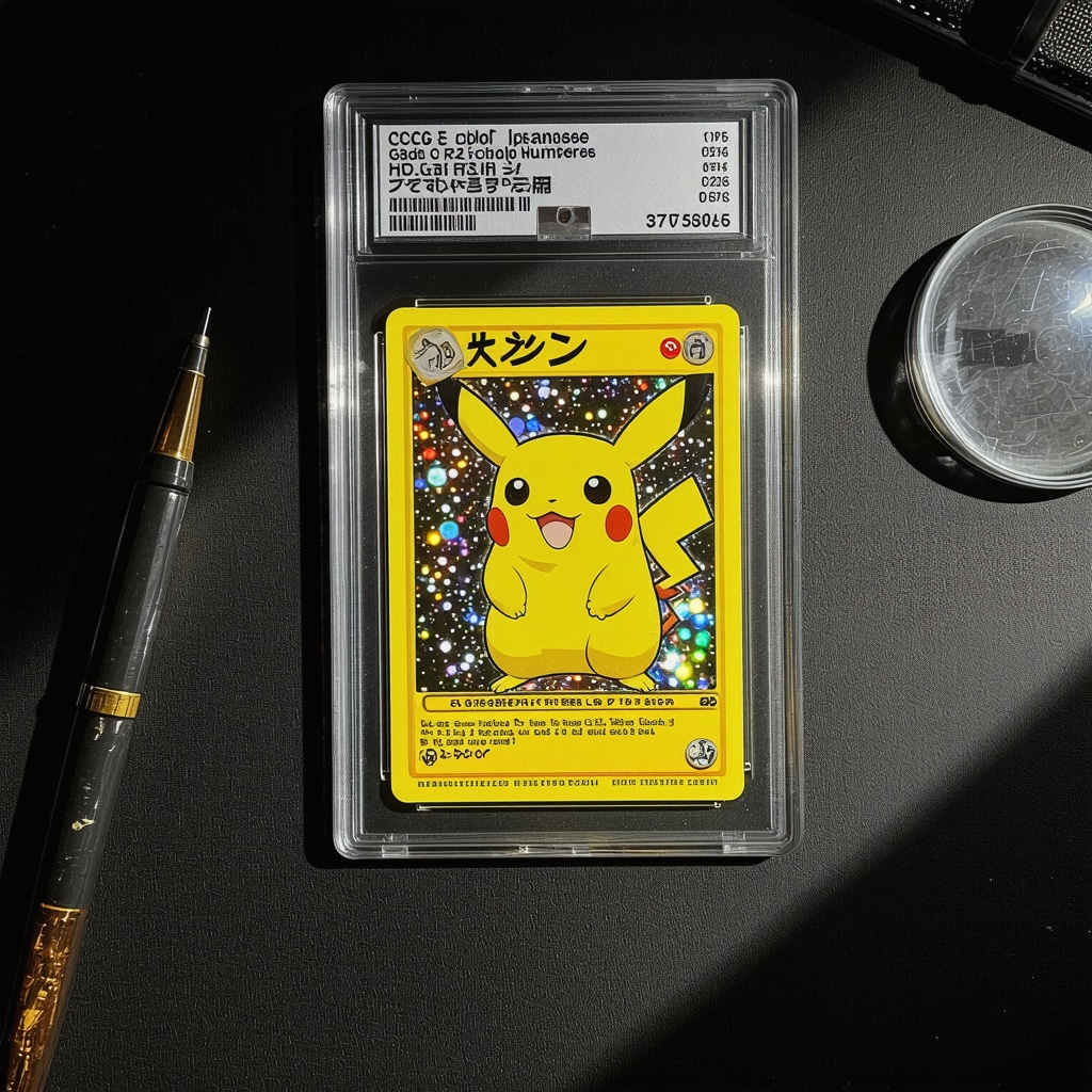 Magnified view of CGC Gem Mint 10 Japanese Pikachu card slab with hologram and serial verification