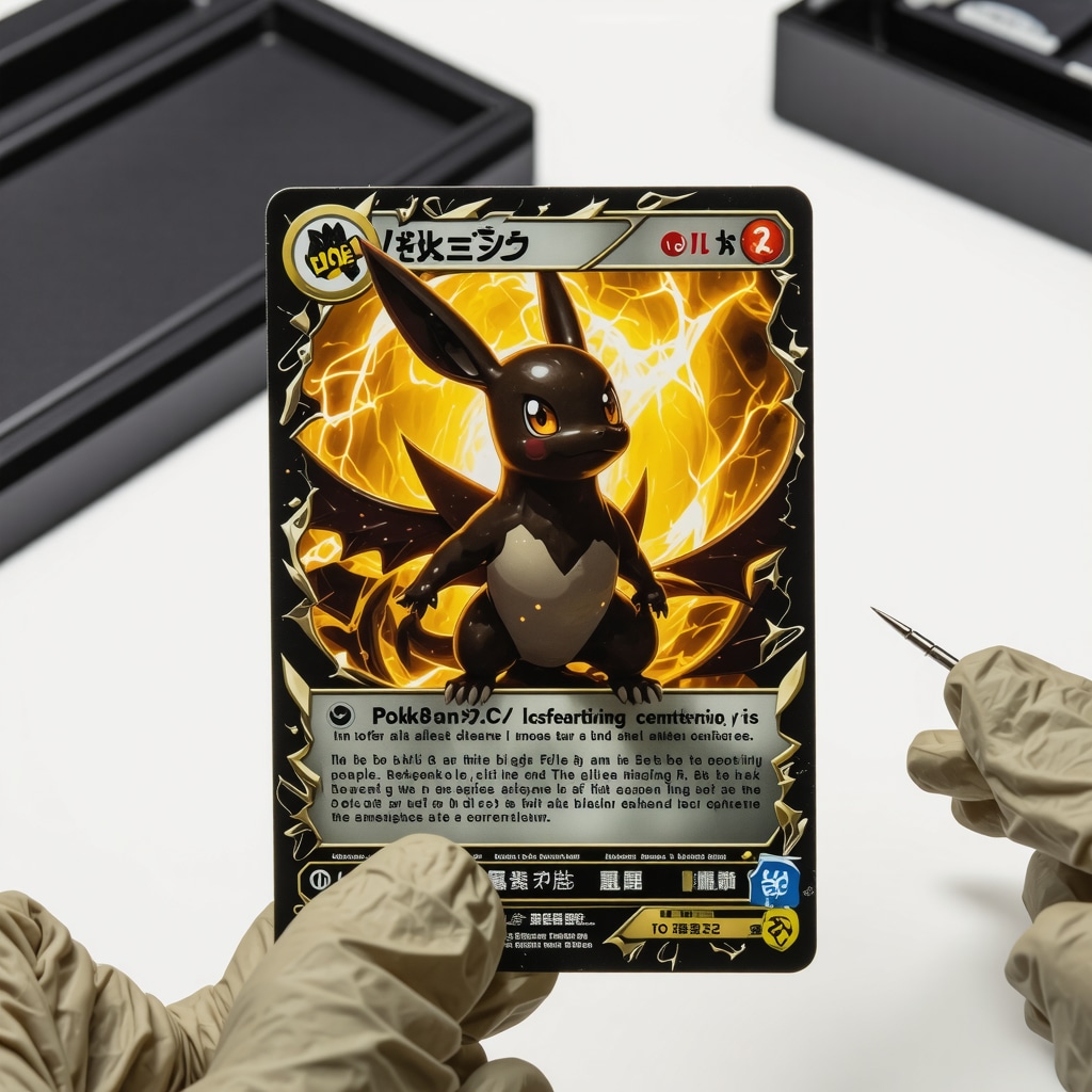 Rare Japanese Pokémon card showing detailed foil and centering with grading tools in background