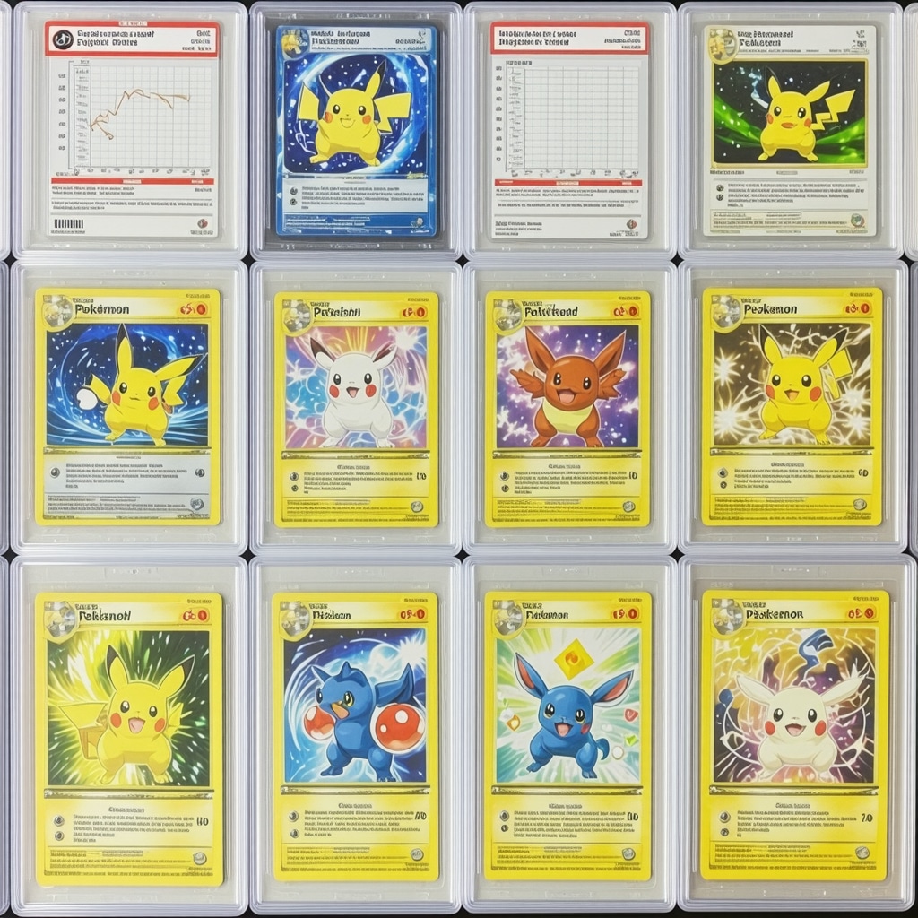 CGC 10 graded Japanese vintage holo rare Pokémon cards displayed alongside auction catalogs and digital market data screens