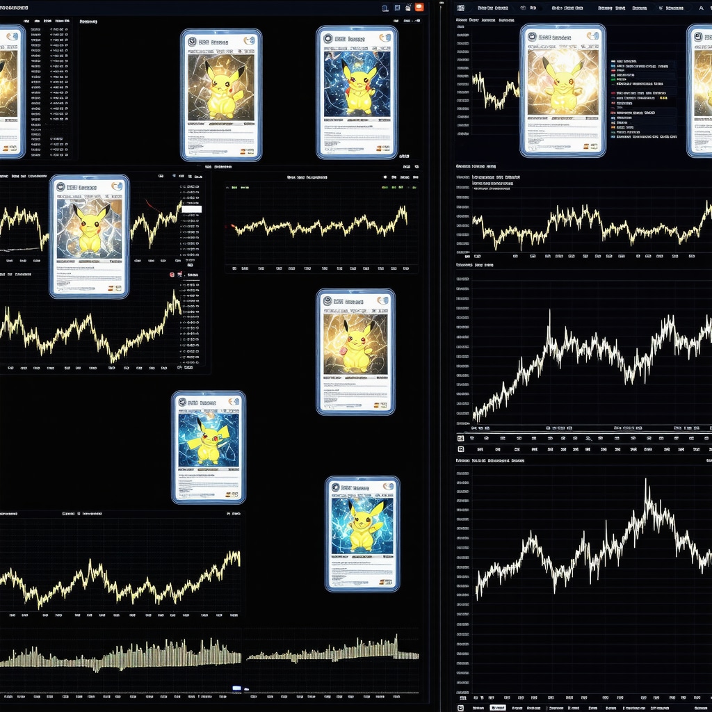 Digital dashboard showing predictive analytics and CGC 10 Japanese Pokémon cards with charts