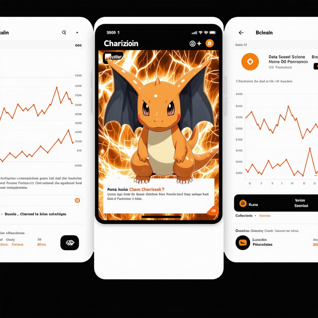 Futuristic dashboard with predictive graphs and blockchain icons over a CGC Pristine 10 Japanese Charizard card