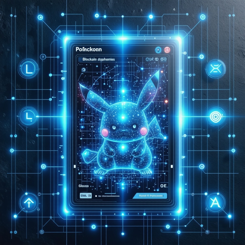 Blockchain and AI analytics visual overlay on a CGC 10 Japanese Base Set Pokémon card