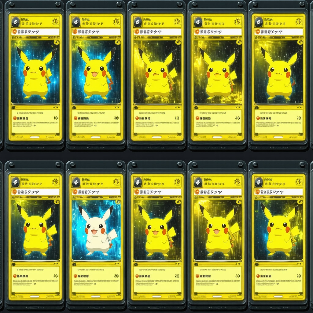 Futuristic dashboard with data and blockchain overlays on CGC 10 Japanese Pokémon cards
