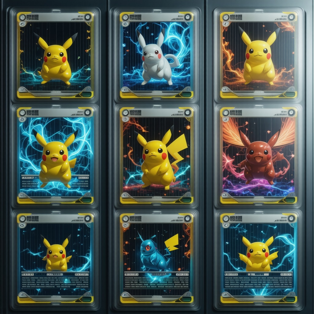 Holographic CGC 10 Japanese Pokémon cards with blockchain and AI analytics visualizations