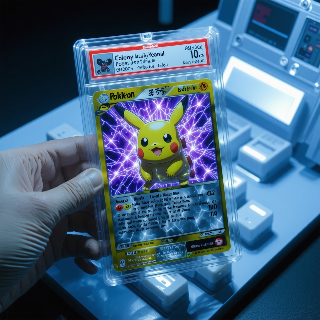 Collector examining CGC 10 Japanese promo Pokémon card under UV light showing holographic details