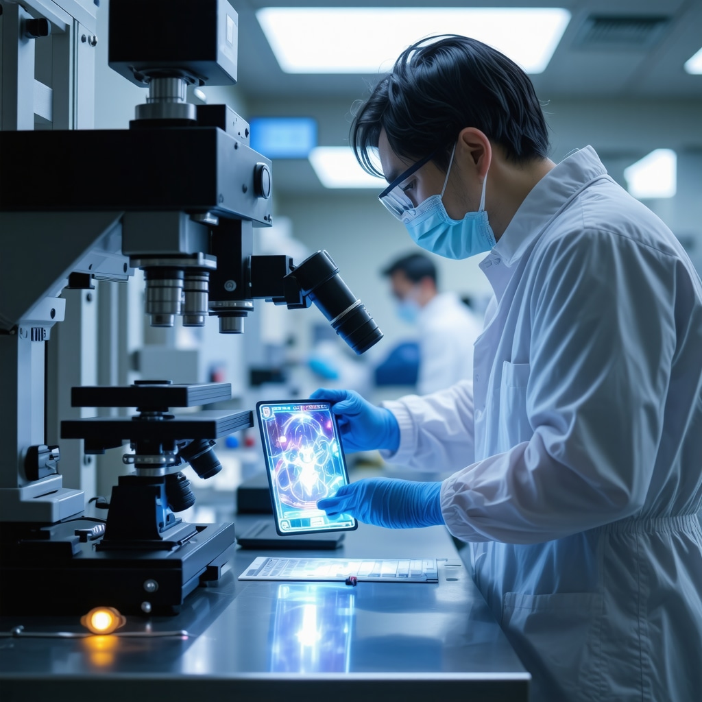 Experts analyzing CGC graded Japanese holo Pokémon card with hyperspectral imaging equipment