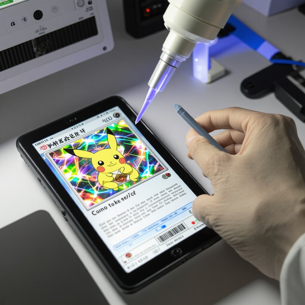 Forensic lab equipment analyzing a CGC 10 Japanese Pokémon holo rare card under UV light and magnification