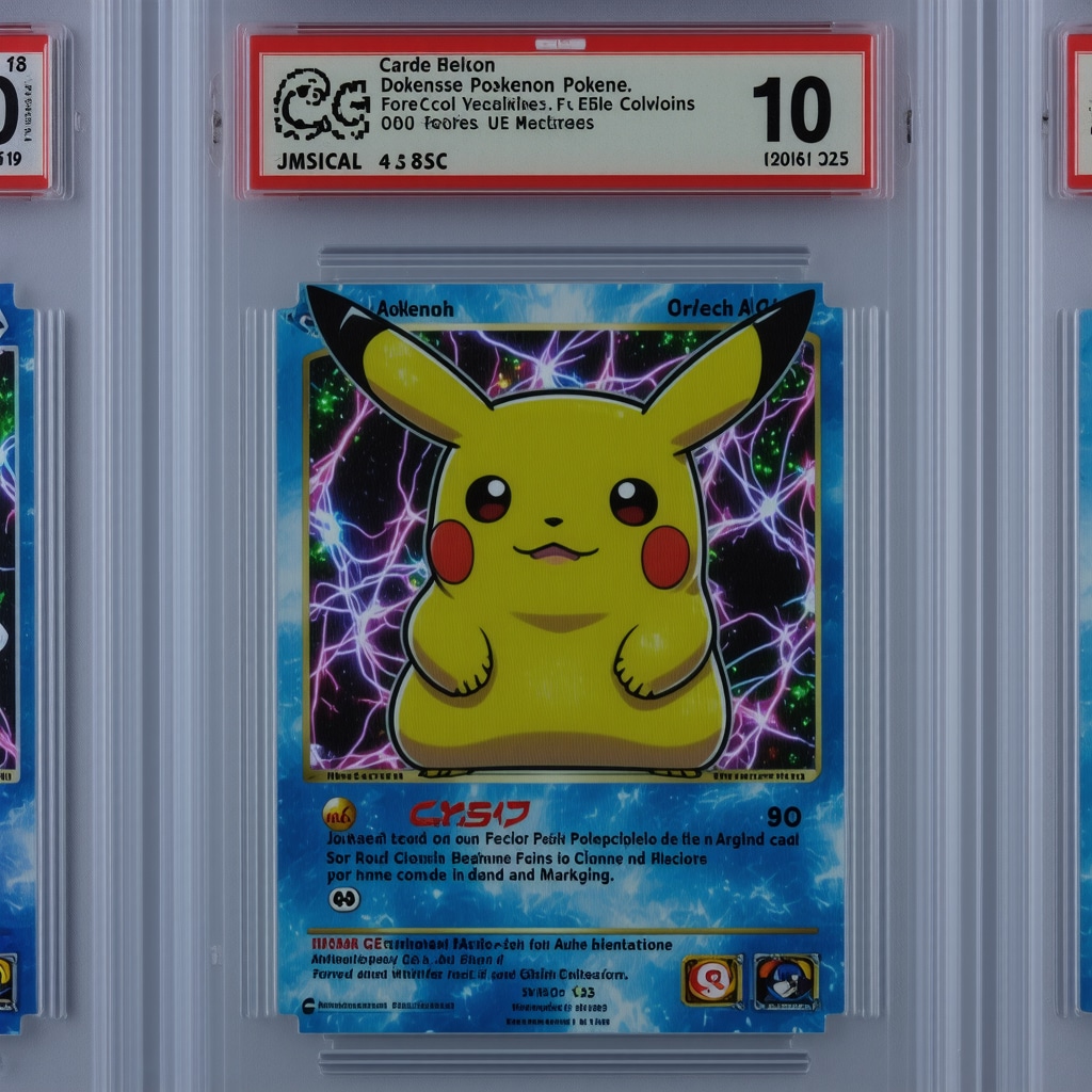 Close-up forensic authentication of CGC 10 Japanese Pokémon promo card under UV light with spectral imaging overlay