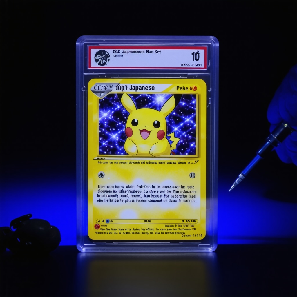 Close-up forensic analysis of CGC 10 Japanese Base Set Pokémon card showing holographic and microscopic printing details under ultraviolet illumination