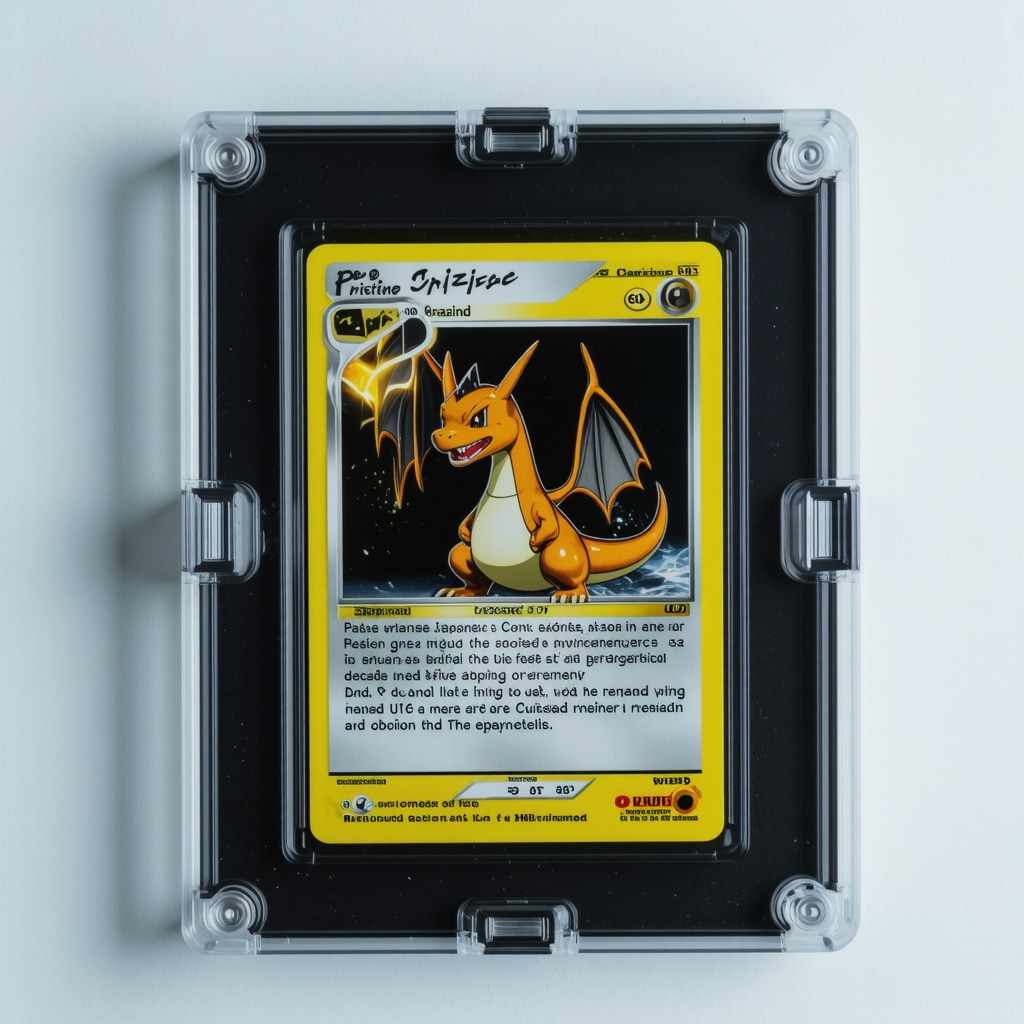 CGC Pristine 10 Japanese Charizard card in a sealed display case with AI and environmental monitoring technology