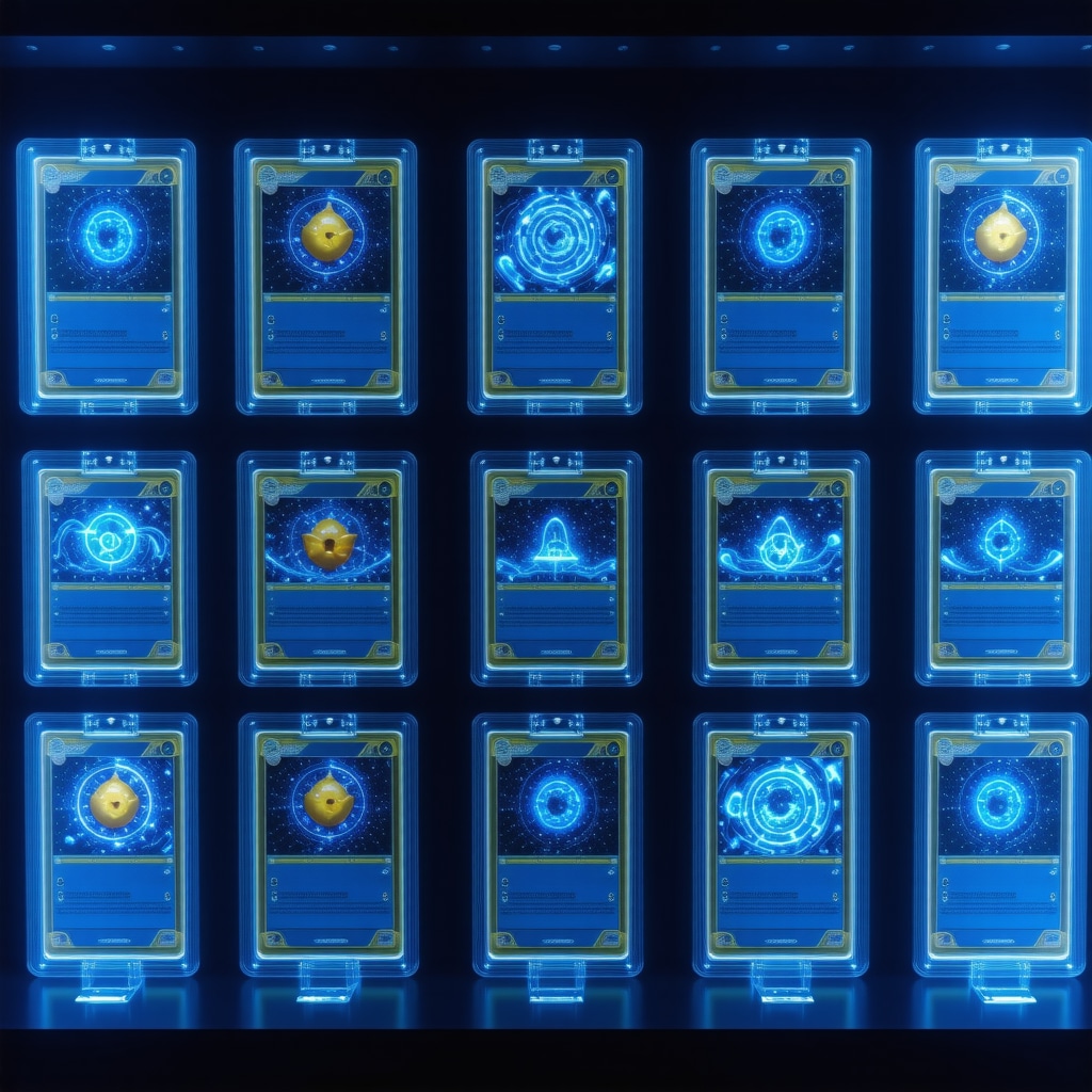 CGC Pristine 10 Japanese Pokémon cards in a high-tech display case with analytics and blockchain symbols