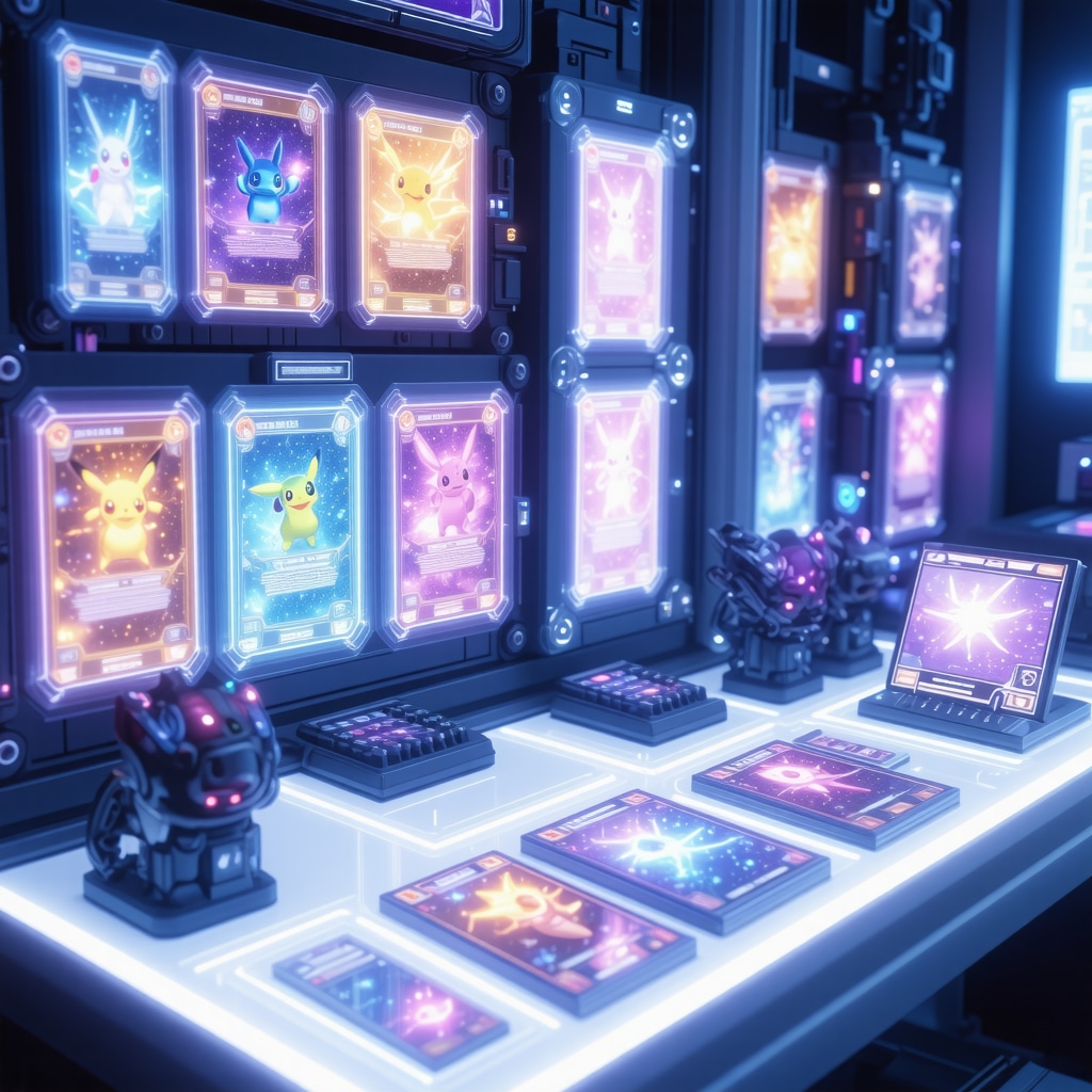 Holographic displays and AI dashboards illustrating advanced authentication and trading technologies for CGC 10 Japanese Pokémon cards