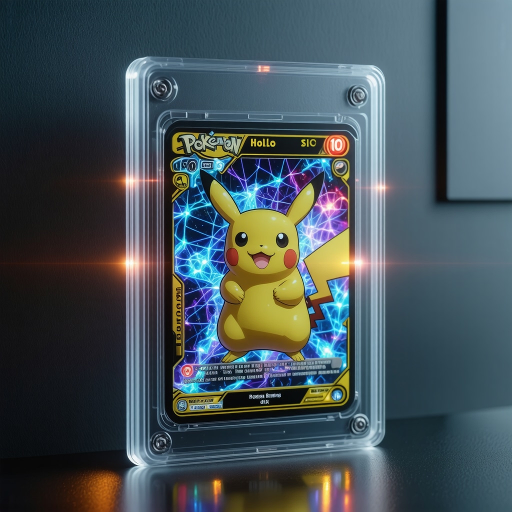 Holographic CGC 10 Japanese vintage holo card augmented with AI and blockchain data visualization