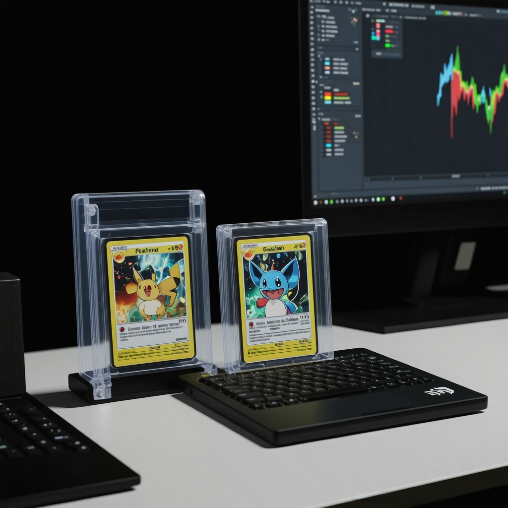 CGC 10 Japanese holo rare Pokémon card in climate-controlled case with auction analytics and blockchain data on laptop screen