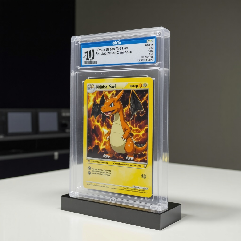 CGC 10 Japanese Base Set Charizard card in a climate-controlled display case with digital provenance hologram