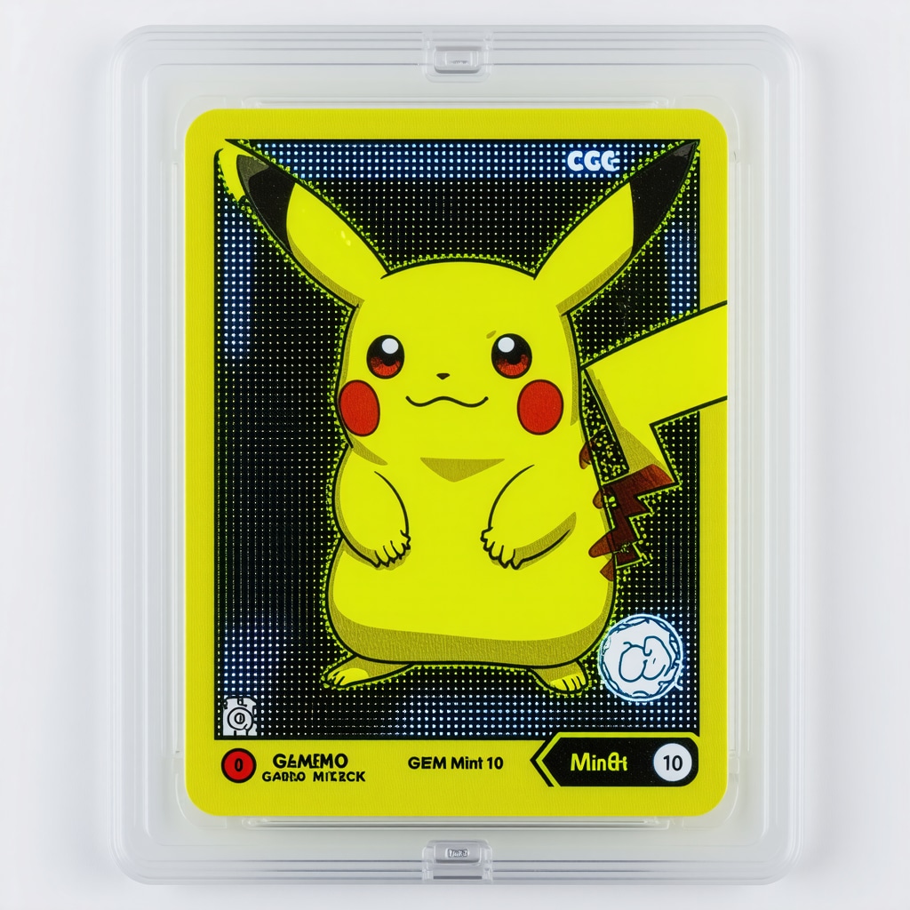 Close-up image of CGC Gem Mint 10 Japanese Pikachu card slab showing hologram and surface details under UV light