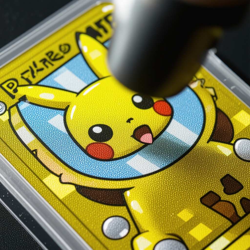 Microscopic view highlighting foil and holographic details of a CGC Pristine 10 Japanese Gold Pokémon card for authentication purposes