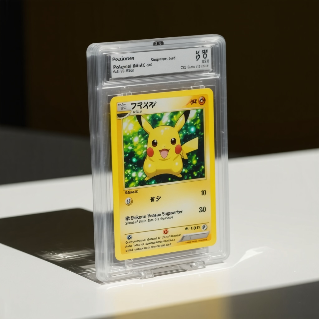 CGC Gem Mint 10 Japanese Pokémon Supporter card showcased in a UV-filtered, climate-controlled glass case with archival storage