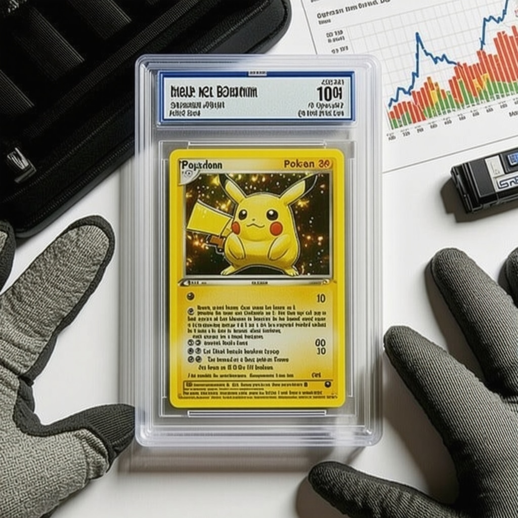 CGC 10 Japanese Base Set Pokémon card encapsulated with preservation tools and market analytics charts