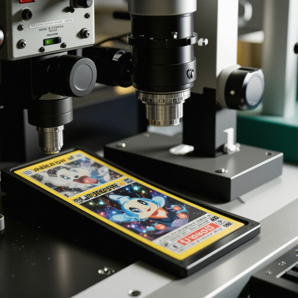 Laboratory equipment performing hyperspectral imaging and Raman spectroscopy on a Japanese vintage holo Pokémon card