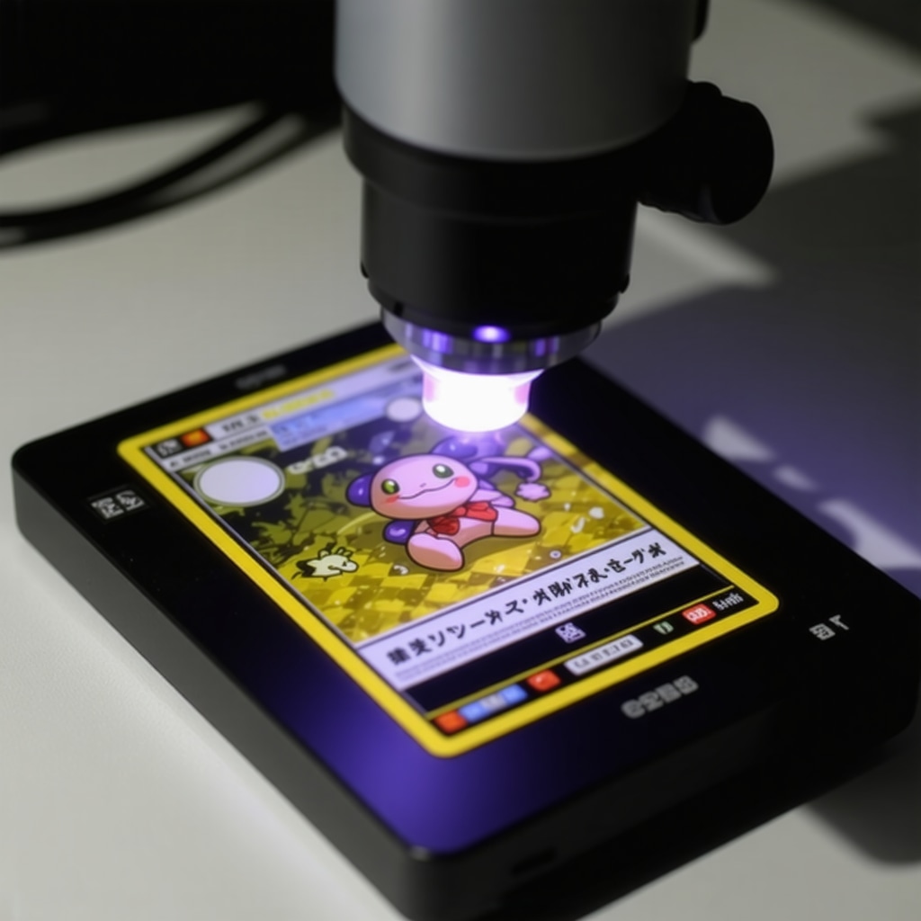 UV light and digital microscope analyzing a Japanese Pokémon card for authentication