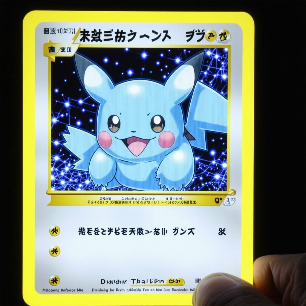 Close-up spectral imaging of Japanese Pokémon Trainer card under expert examination showing microscopic details