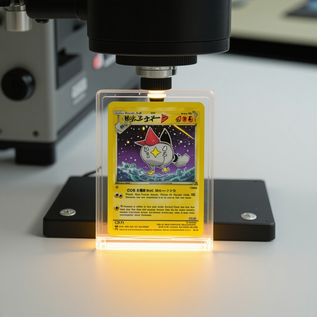 Spectral imaging device analyzing a CGC Gem Mint 10 Japanese Pokémon card under infrared light in a forensic lab