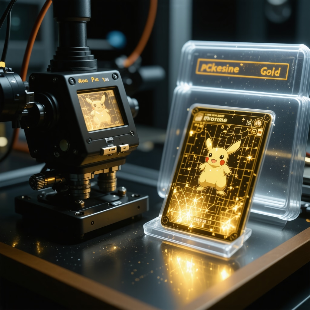 Laboratory setup displaying spectral imaging and AI analysis on a CGC Pristine 10 Japanese Gold Pokémon card with holographic data overlays