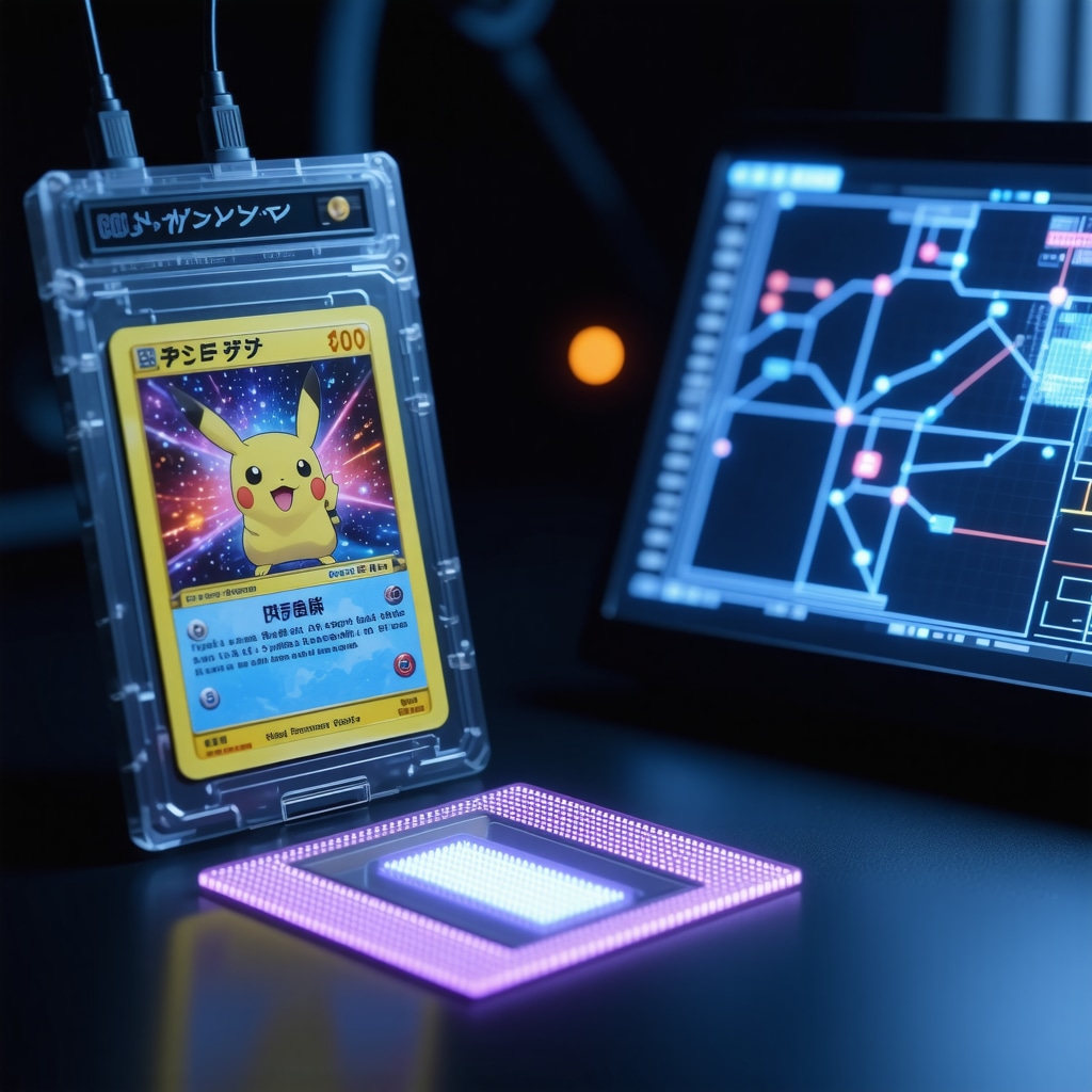 Spectral imaging device analyzing CGC 10 Japanese Pokémon promo card alongside blockchain ledger interface on digital screen