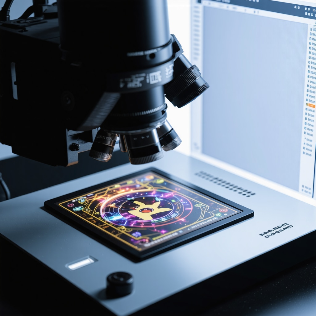 High-tech image showcasing AI analysis on a Japanese CGC 10 graded Pokémon card under a microscope