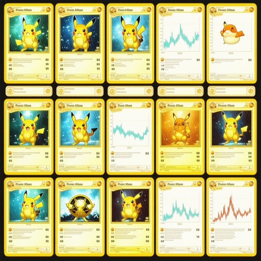 Digital dashboard showing AI analytics and blockchain provenance data for high-grade Japanese vintage Pokémon cards