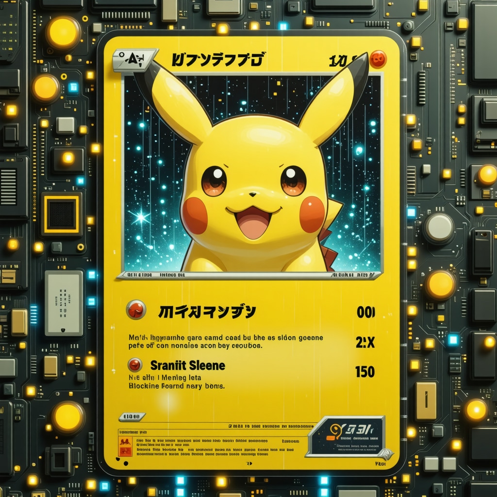 Digital interface depicting AI analysis and blockchain data overlay on a Japanese vintage Pokémon card