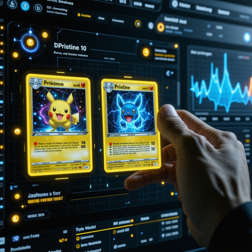 Digital interface displaying AI analysis of CGC Pristine 10 Japanese Pokémon card with blockchain ledger overlay