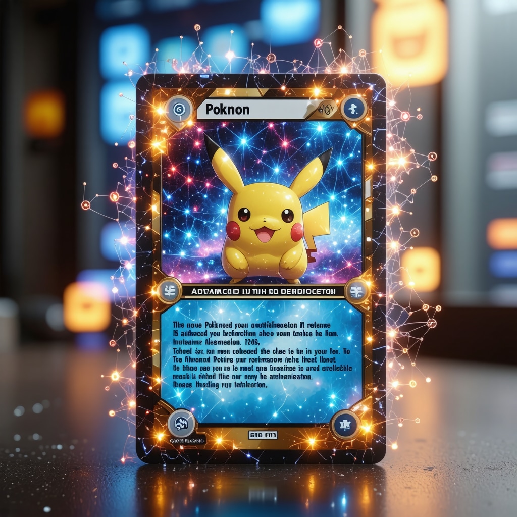 Digital visualization showing AI analysis and blockchain ledger for Pokémon card authentication