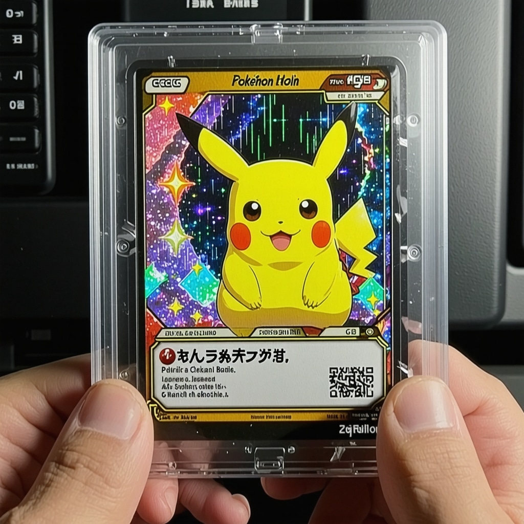 Digital analysis of a CGC 10 Japanese Pokémon card with AI and blockchain graphics