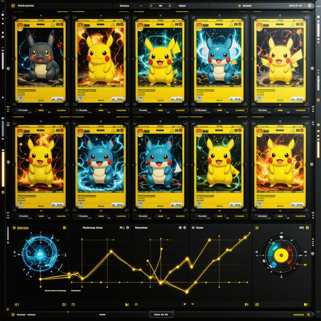 Digital interface displaying AI analysis of Japanese Pokémon cards alongside blockchain provenance records