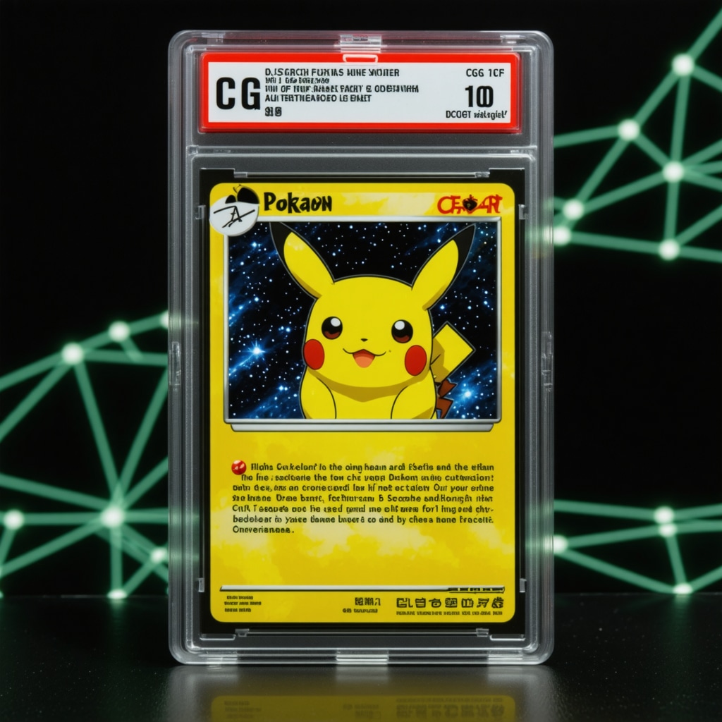 AI scan overlay on CGC 10 Japanese VSTAR Universe card with blockchain ledger graphics