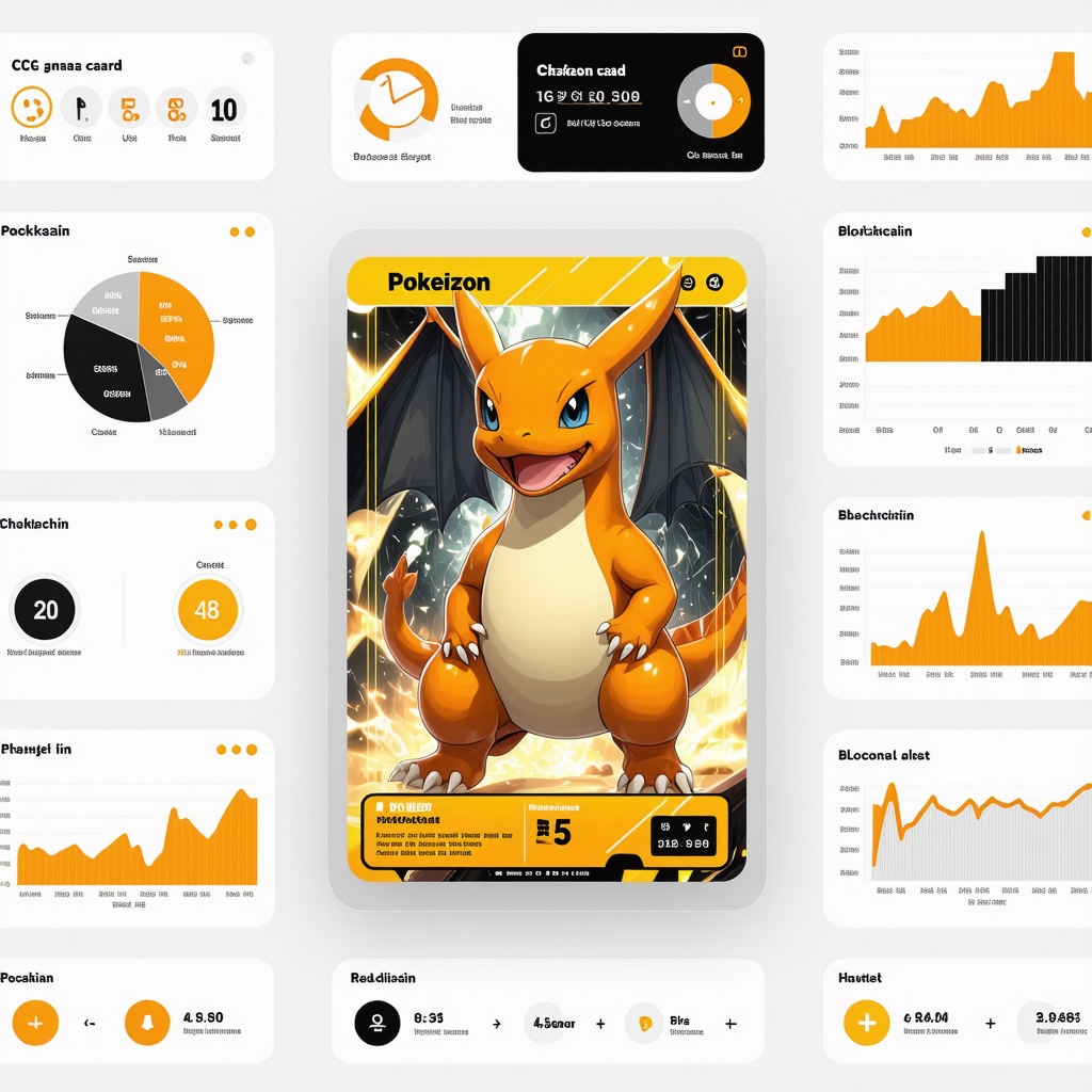 Digital dashboard showing AI analytics and blockchain verification for CGC 10 Japanese Base Set Pokémon cards featuring Charizard