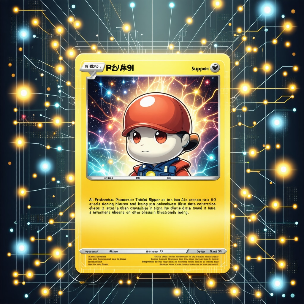 Digital illustration of a Japanese Pokémon Trainer Support card undergoing AI and blockchain analysis