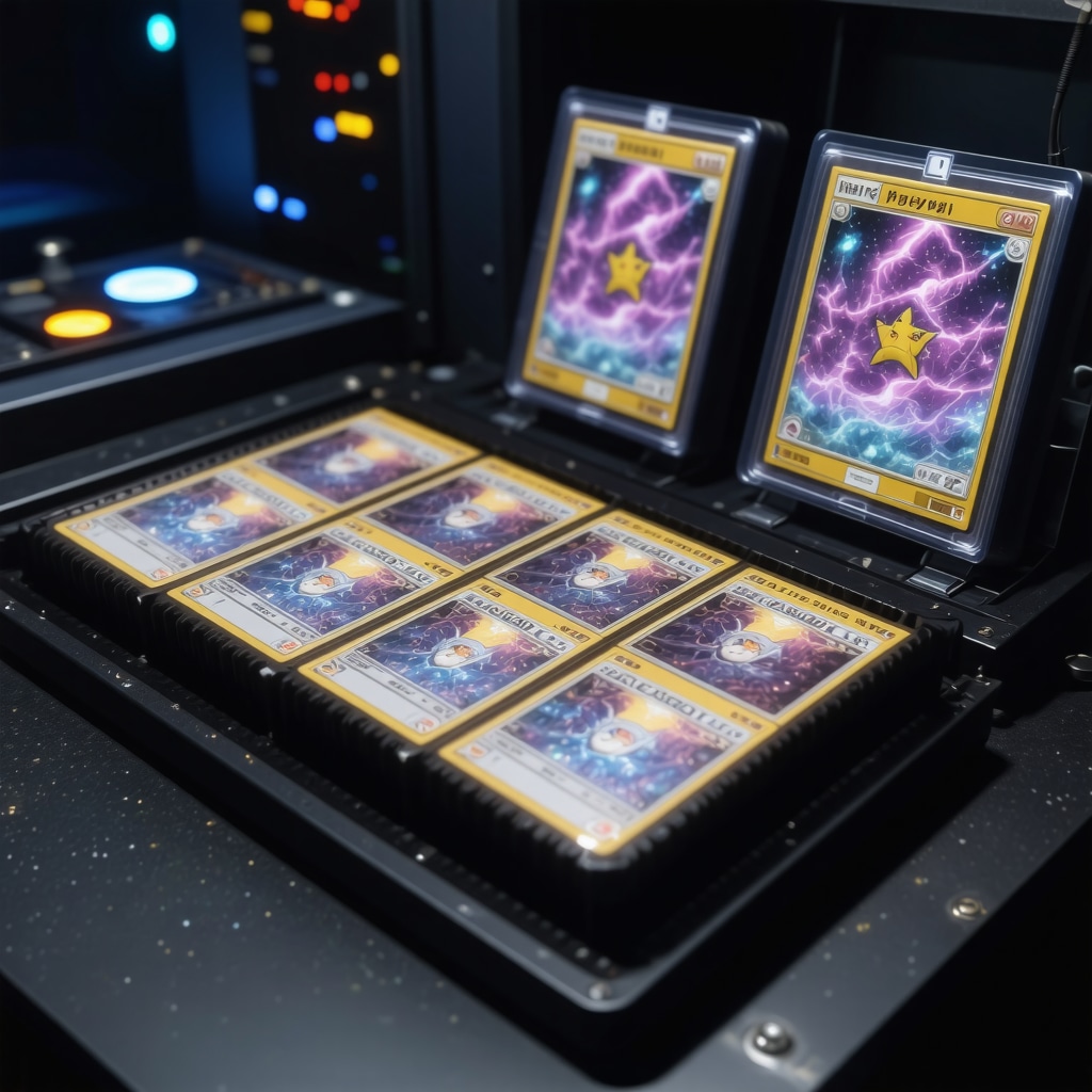 AI machine vision system analyzing holographic Japanese Pokémon cards with CGC grading labels