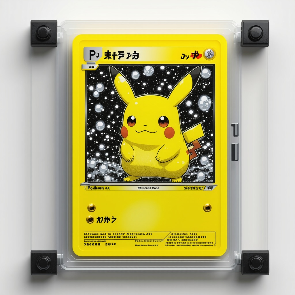 Japanese Pokémon card being scrutinized by AI-assisted grading technology with holographic foil and microscopic details visible