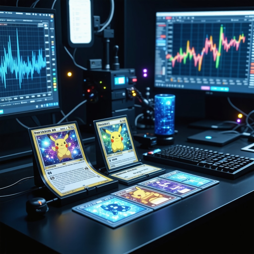 Laboratory image showing AI and blockchain technologies analyzing a high-grade Japanese Pokémon promo card