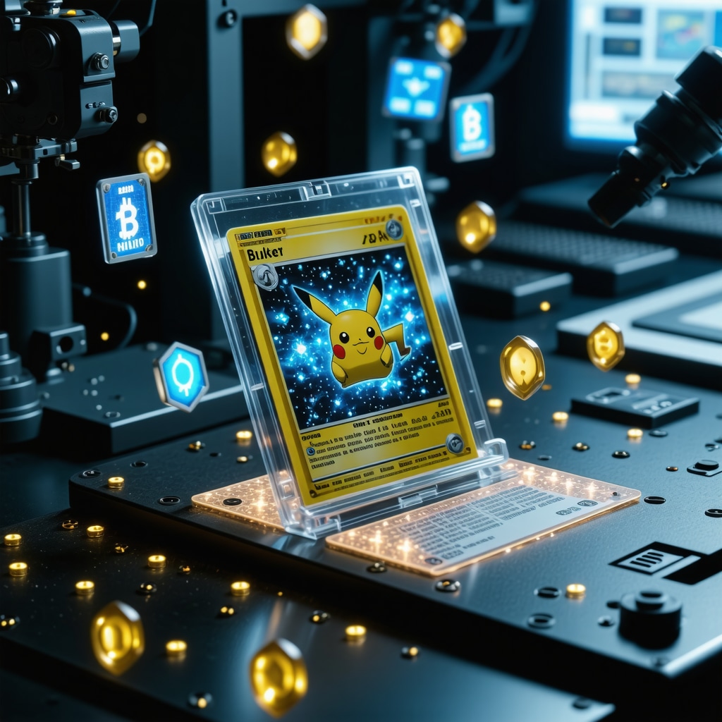 Laboratory scene with AI and hyperspectral imaging analyzing CGC Gem Mint 10 Japanese Pokémon card with blockchain digital overlay