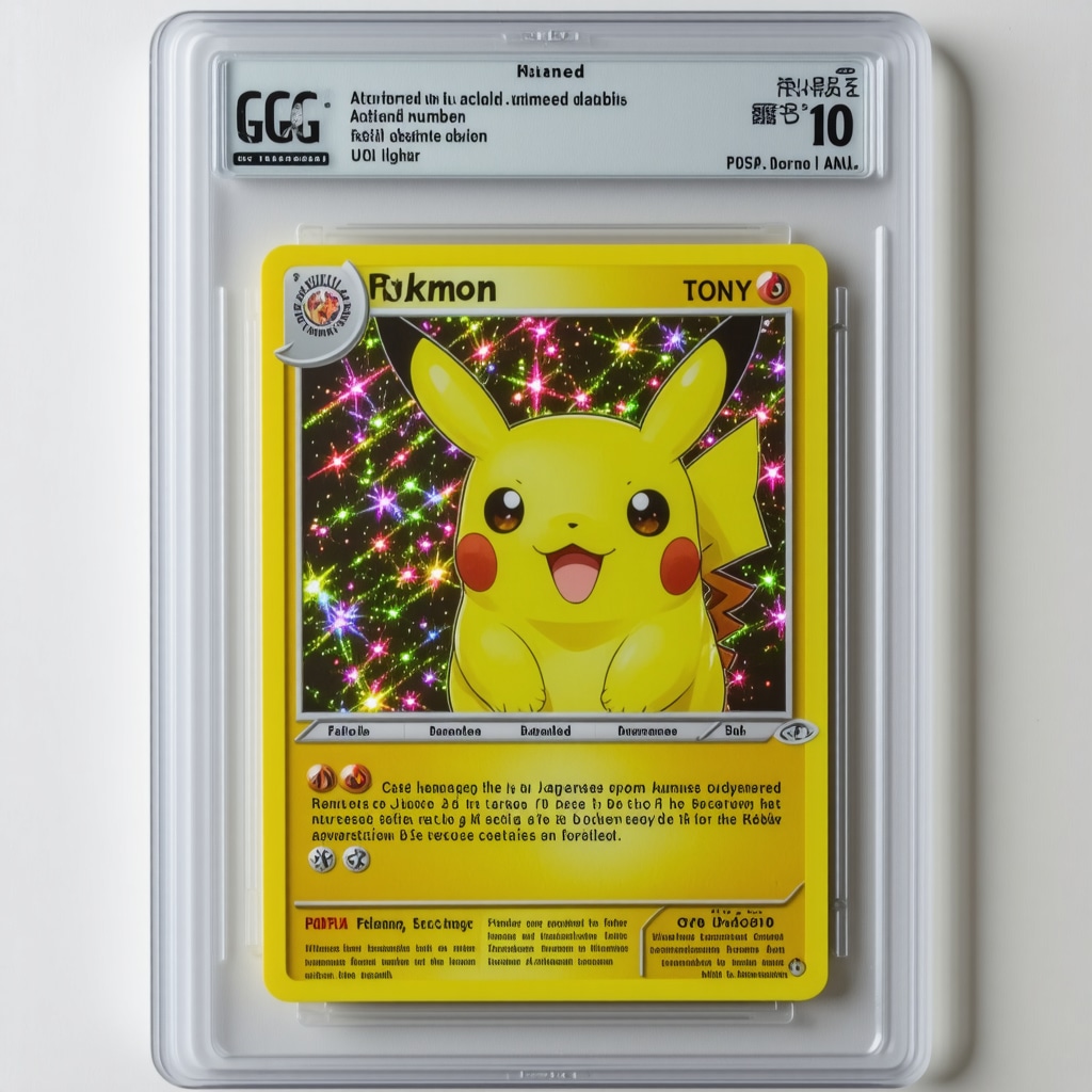 Close-up of CGC slab holographic label and Japanese promo card foil under UV light for authentication